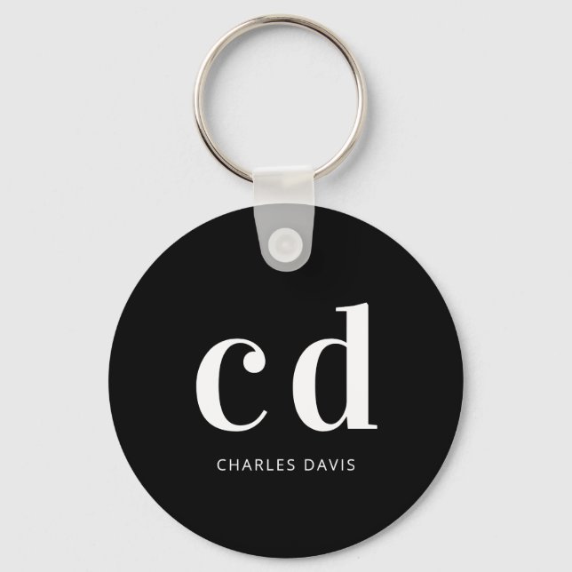 Black white monogram initials name minimalist  key ring (Front)