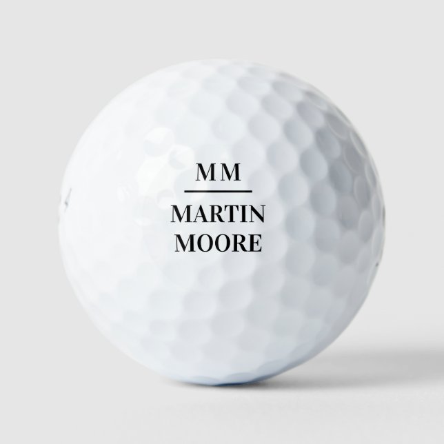 Black white monogram initials name simple golf balls (Front)