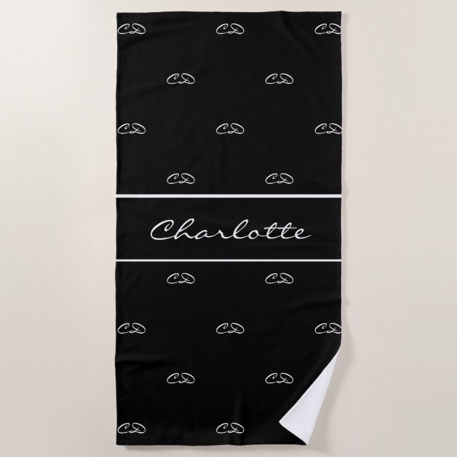Black white monogram initials pattern name script beach towel (Front)