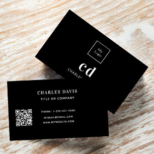 Black white monogram initials Qr code logo Business Card