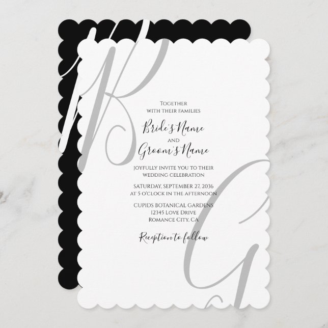 Black & White Monogram Initials Wedding Invitation (Front/Back)