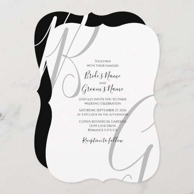 Black & White Monogram Initials Wedding Invitation (Front/Back)