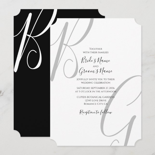 Black & White Monogram Initials Wedding Invitation (Front/Back)