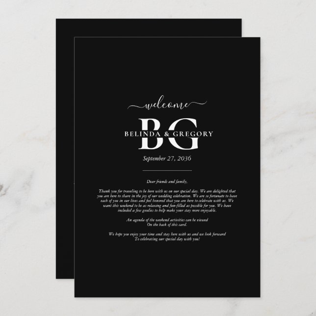 Black White Monogram Initials Wedding  Itinerary Programme (Front/Back)