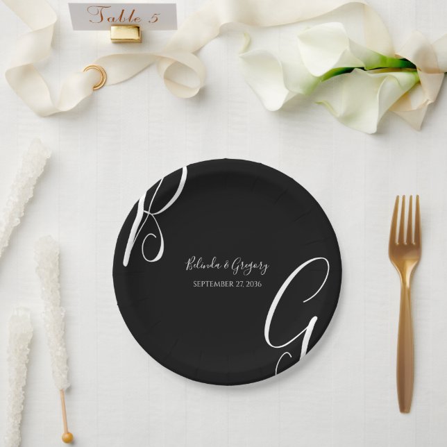 Black & White Monogram Initials Wedding  Paper Plate (Wedding)