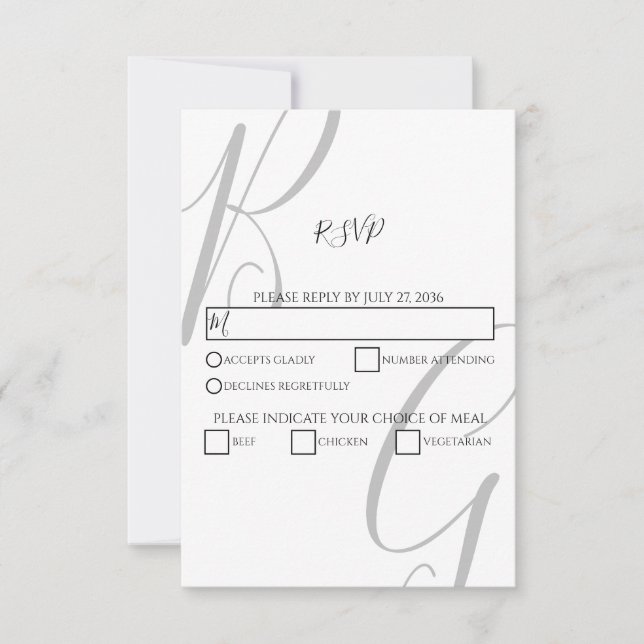 Black & White Monogram Initials Wedding RSVP Card (Front)