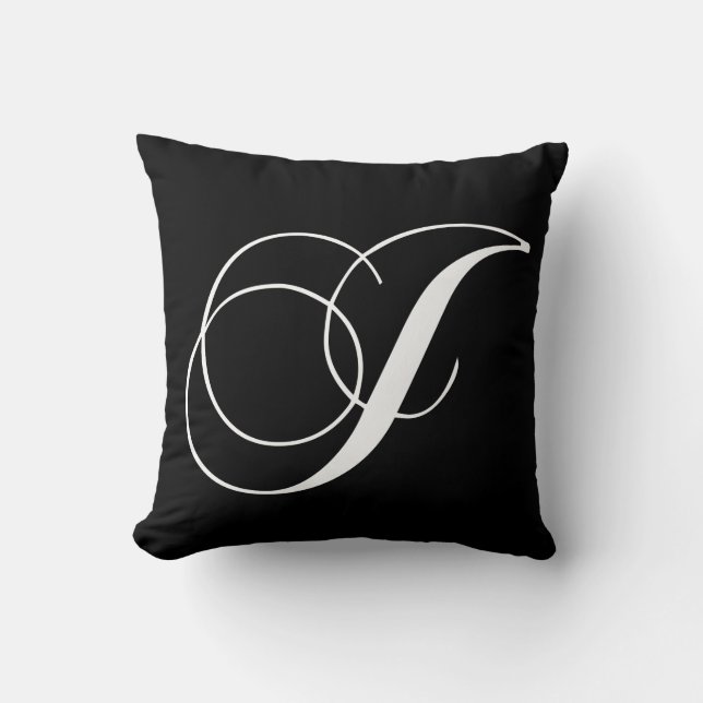 Black White Monogram J Designer Monogrammed Pillow (Front)
