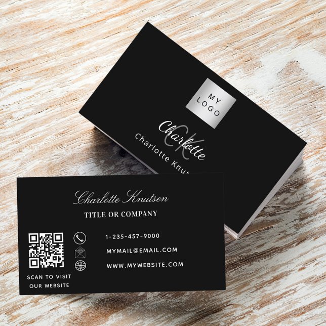 Black white monogram logo Qr code Business Card (Creator Uploaded)