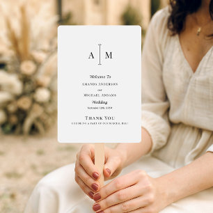 Black White Monogram Minimal Wedding Program Hand Fan