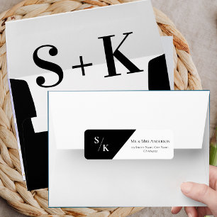Black White Monogram Minimalist Wedding Address