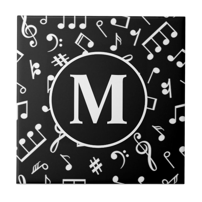 Black & White Monogram Music Note Tile (Front)