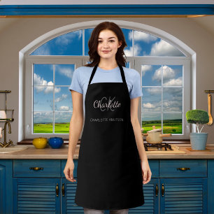 Black white monogram name business apron