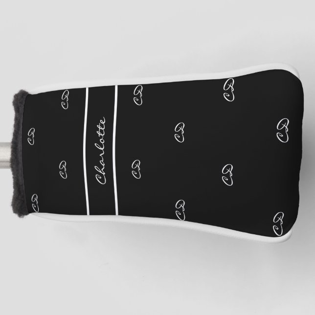 Black white monogram name initials elegant golf head cover (Front)