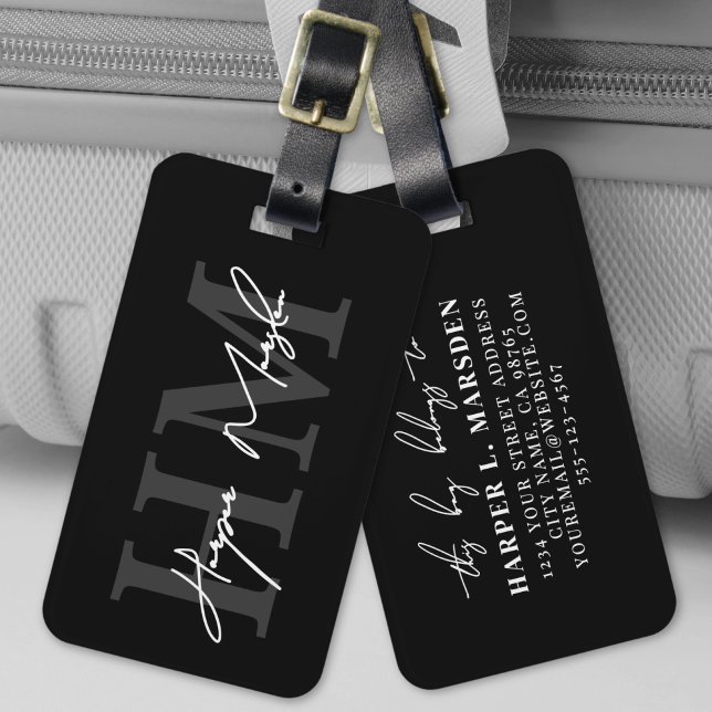 Black White Monogram Name Luggage Tag (Black White Elegant Monogram Name Luggage Tag)