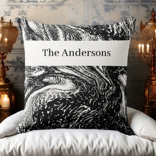 Black white monogram name marble abstract line art cushion