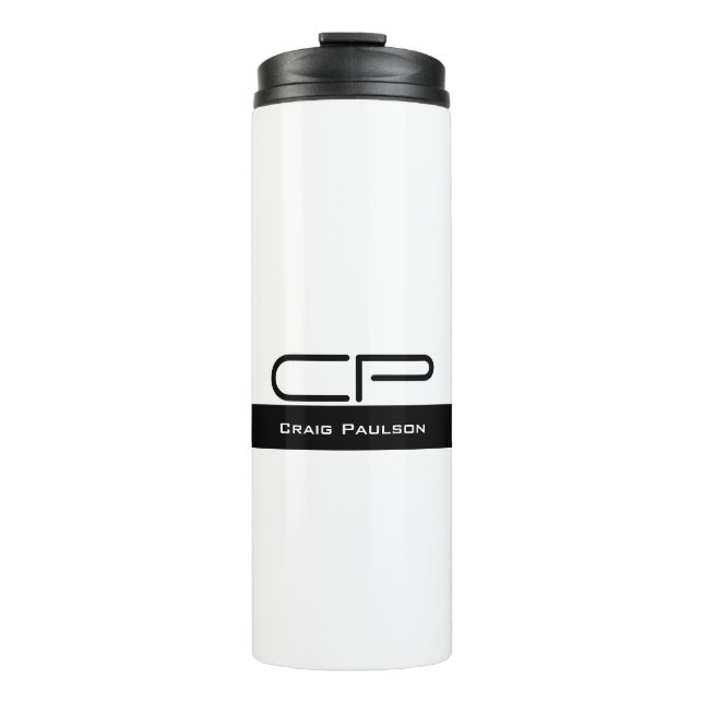 Black White Monogram Name Modern Plain Simple Thermal Tumbler (Front)