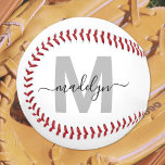 Black White Monogram Name Softball<br><div class="desc">Create Your Own Custom White Softball Name Monogram Design. This design features a classic softball graphic set against a clean white background. A light grey initial is paired with your name in bold black script for a sporty and modern look. All colours (aside from the red stitching) can be customised...</div>