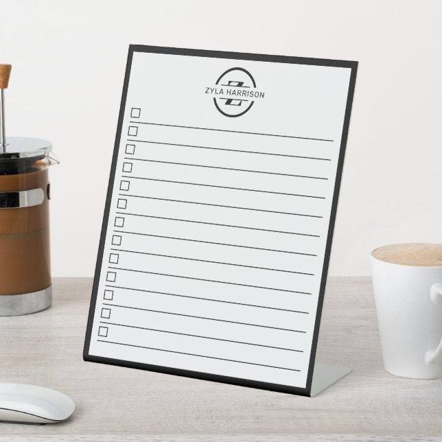 Black White Monogram Name To Do List Dry Erase Pedestal Sign (In SItu)