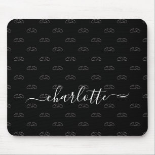 Black white monogram pattern name script mouse mat