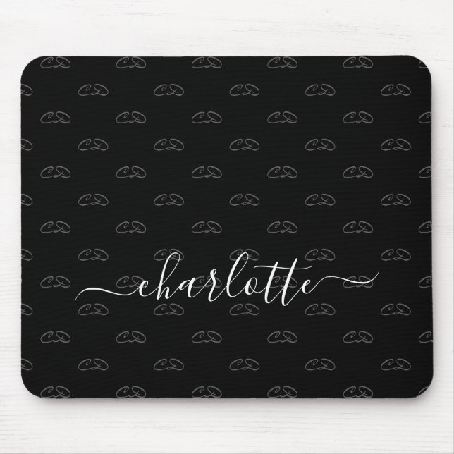 Black white monogram pattern name script mouse mat (Front)