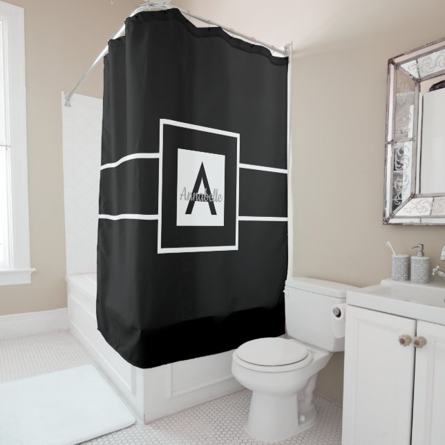 Black White Monogram Personalised Shower Curtain (In Situ)