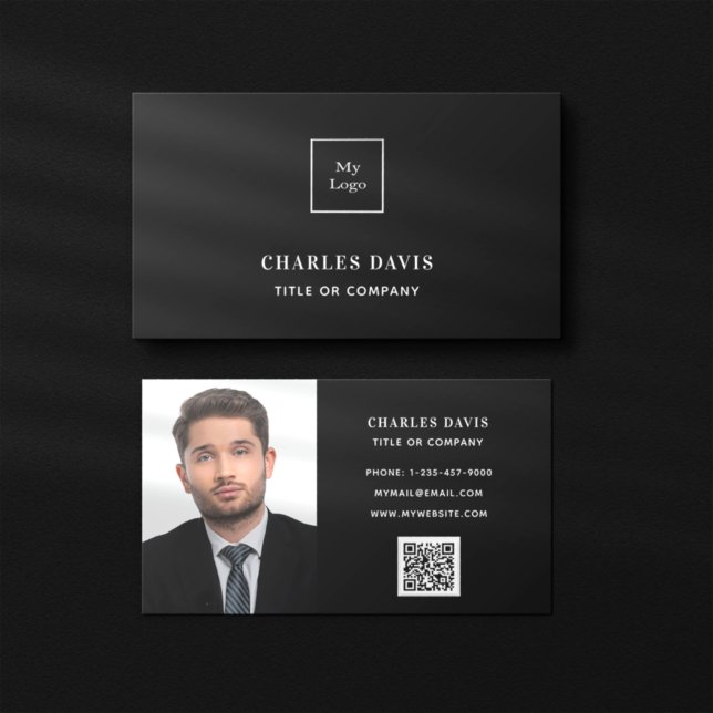 Black white monogram photo Qr code logo Business Card (Creator Uploaded)