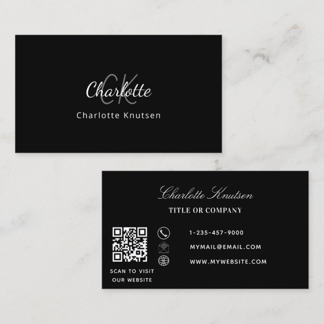 Black white monogram Qr code elegant Business Card (Front/Back)