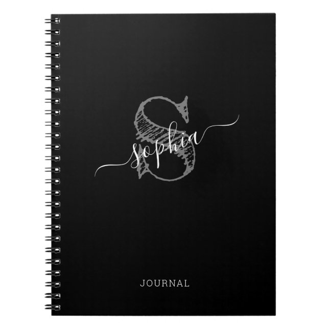 Black White Monogram Rustic Personalised Notebook (Front)