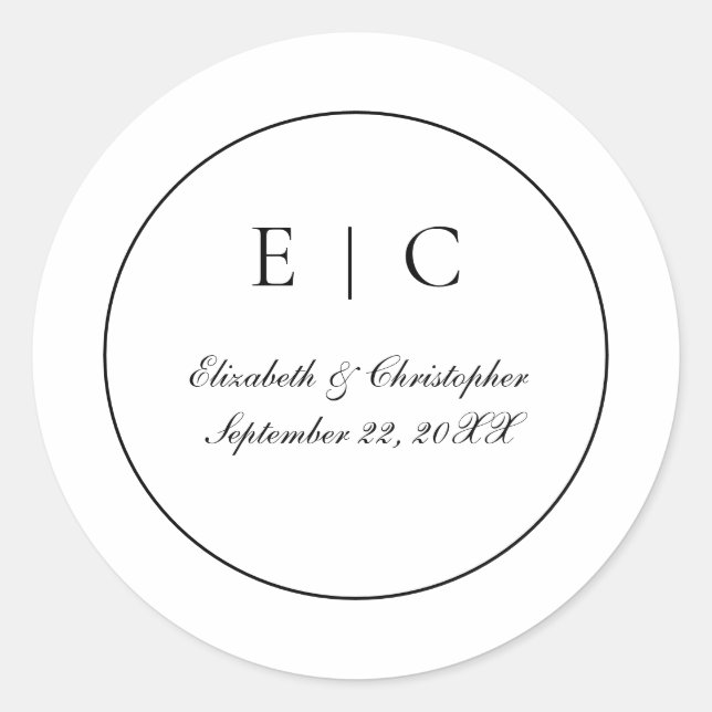 Black White Monogram Script Traditional Wedding  Classic Round Sticker (Front)