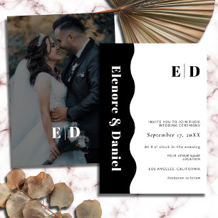 Black & White Monogram Side Wave Photo Wedding Invitation