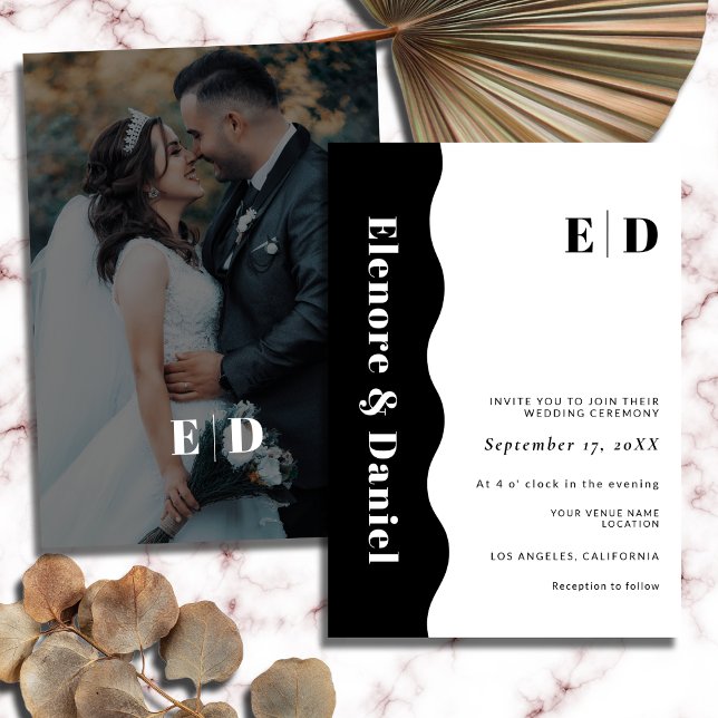Black & White Monogram Side Wave Photo Wedding Invitation (Black & White Monogram Side Wave Photo Wedding Invitation)
