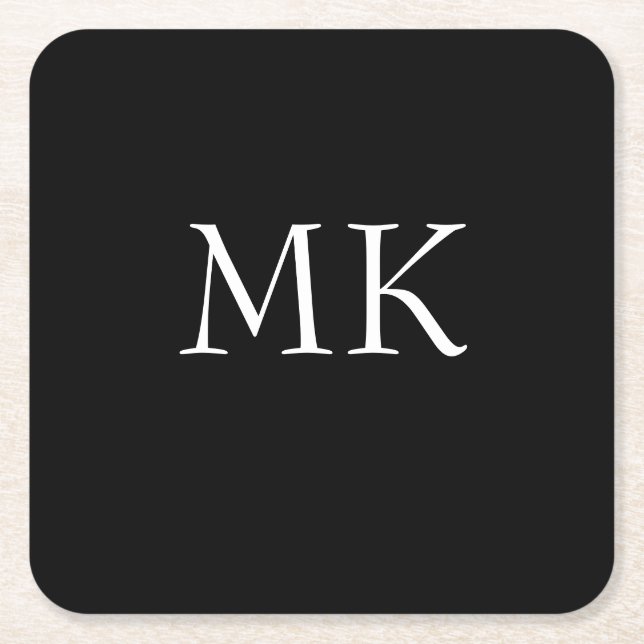 Black White Monogram  Square Paper Coaster (Front)