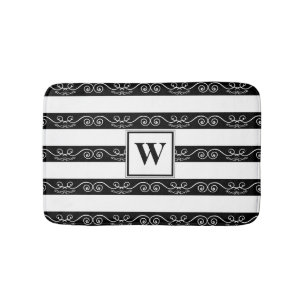 Black White Monogram striped design Bath Mat