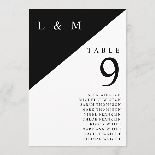 Black White Monogram Table Number Seating Chart (Front)