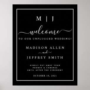 Black White Monogram Unplugged Wedding Sign