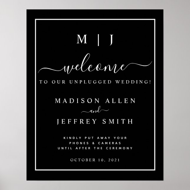 Black White Monogram Unplugged Wedding Sign (Front)
