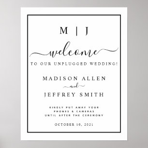 Black White Monogram Unplugged Wedding Sign