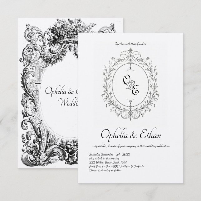 Black & white Monogram Victorian crest Invitation (Front/Back)