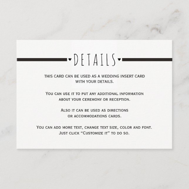 Black white monogram wedding details insert card (Front)
