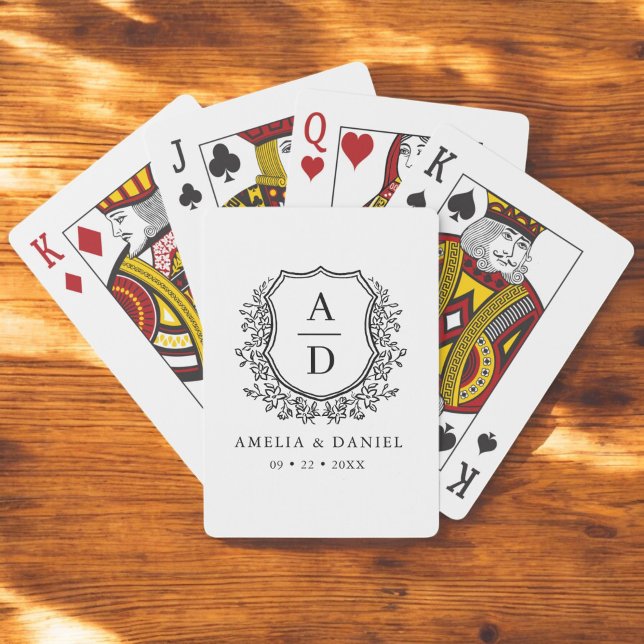 Black White Monogram Wedding Floral Crest Playing Cards (Creator Uploaded)