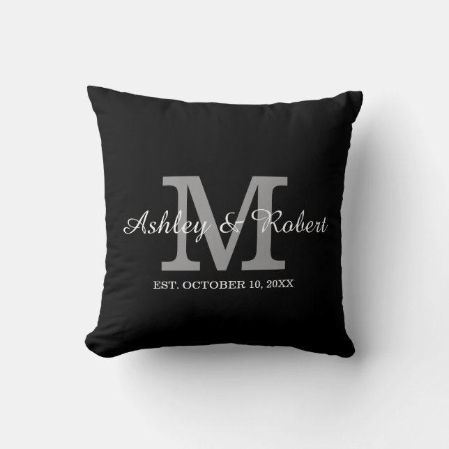 Black White Monogram Wedding Keepsake Names Date Cushion (Front)