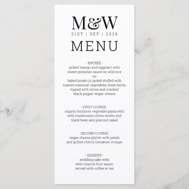 Black White Monogram Wedding Menu (Front)