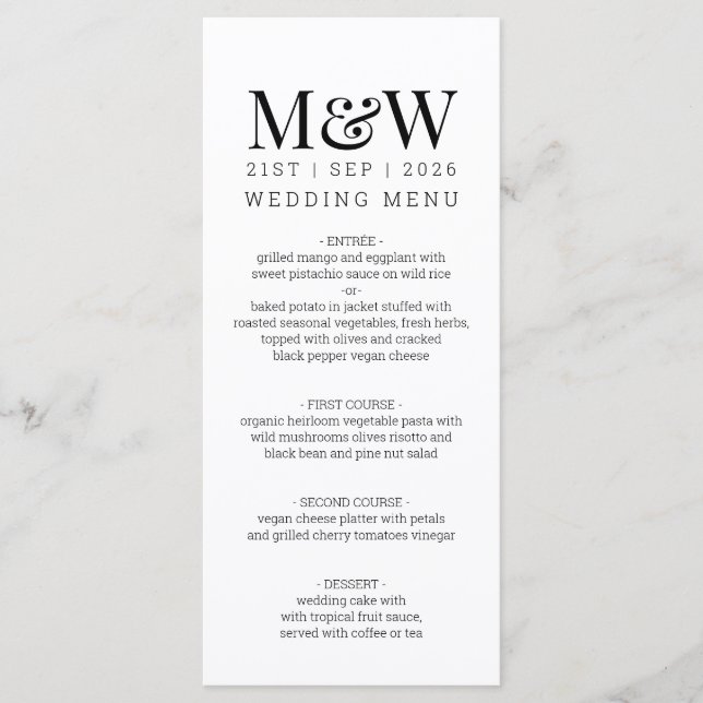 Black White Monogram Wedding Menu (Front)