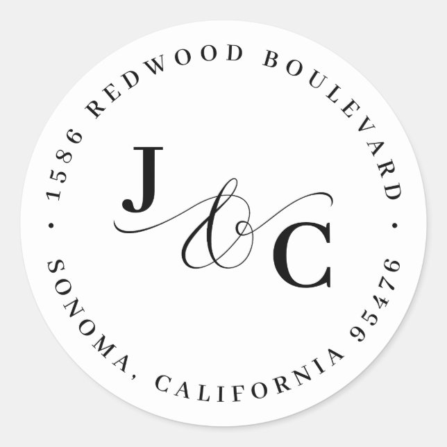 Black & White Monogram Wedding Return Address Classic Round Sticker (Front)
