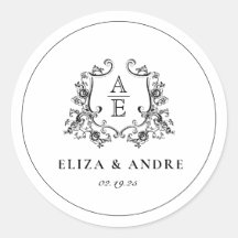 Black & White Monogram Wedding Round Sticker