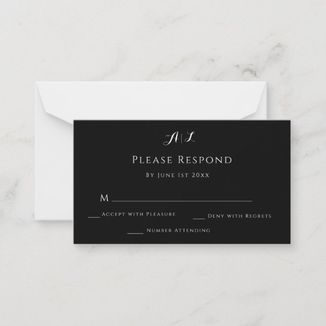 Black & White Monogram Wedding RSVP Card (Front)
