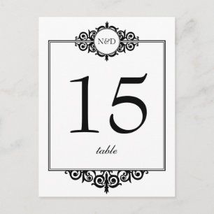 Black white monogram wedding table number card
