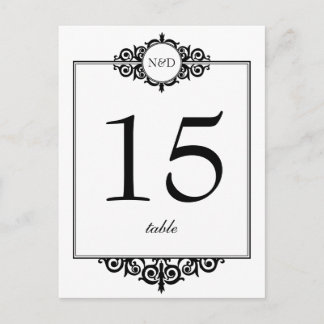 Black white monogram wedding table number card