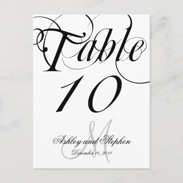 Black White Monogram Wedding Table Number Cards (Front)