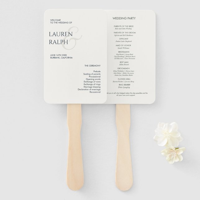 Black & White Monogram Welcome Wedding Program Hand Fan (Front and Back)